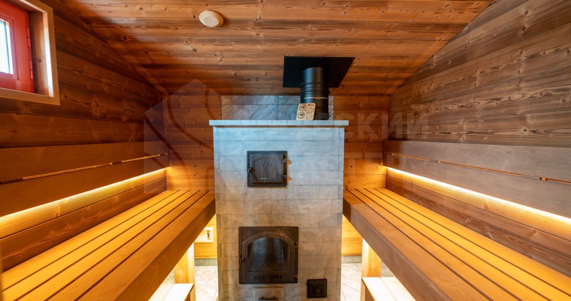 Баня по-серому «под ключ»– русская печь из талькохлорита весом в тонну – отделка из термообработанной древесины 