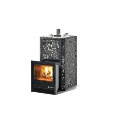 Дровяная печь Изистим (EASYSTEAM) Ялта 15 в облицовке «Хохлома черный»