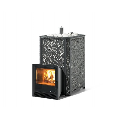 Дровяная печь Изистим (EASYSTEAM) Ялта 35 в облицовке «Хохлома черный»