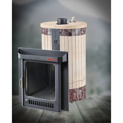 Печь для бани Ферингер Оптима в облицовке Окаменевшее дерево перенесенный рисунок+Россо Леванте
