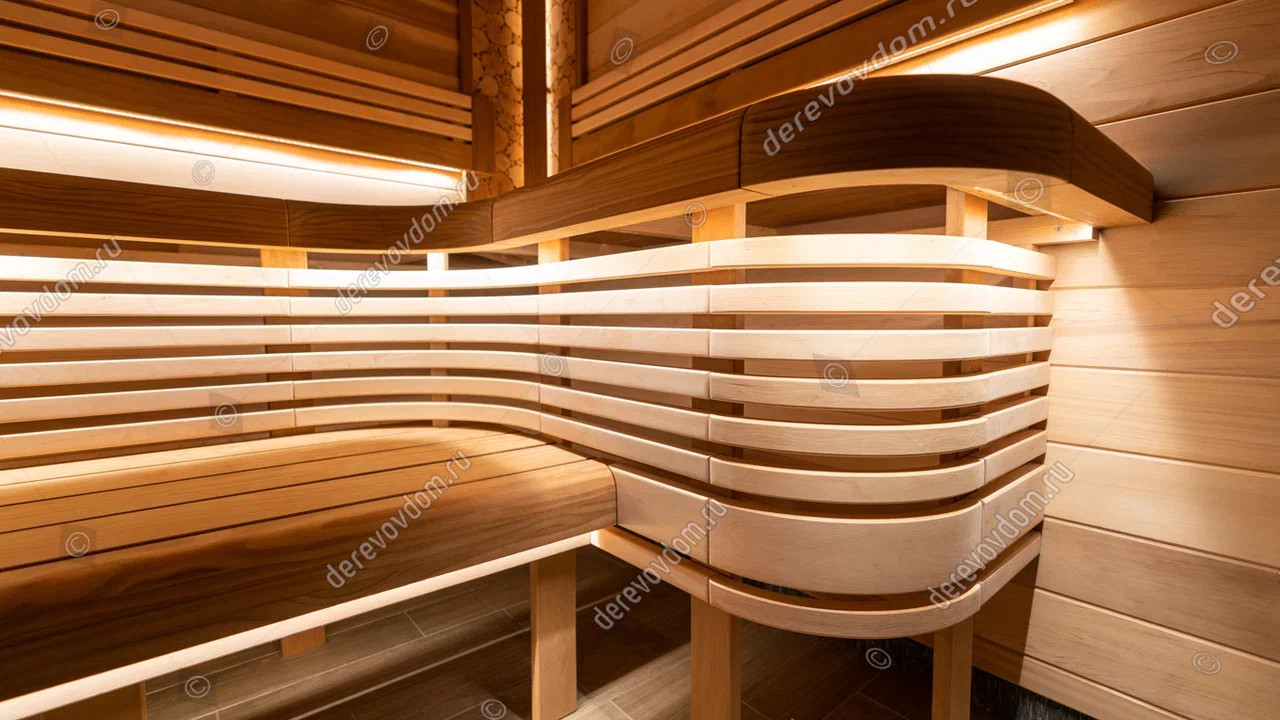 Изогнутые элементы в отделке парной